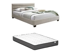 Vente-unique Lit 140 x 190 cm - Tissu - Beige + Matelas - FAUSTIN