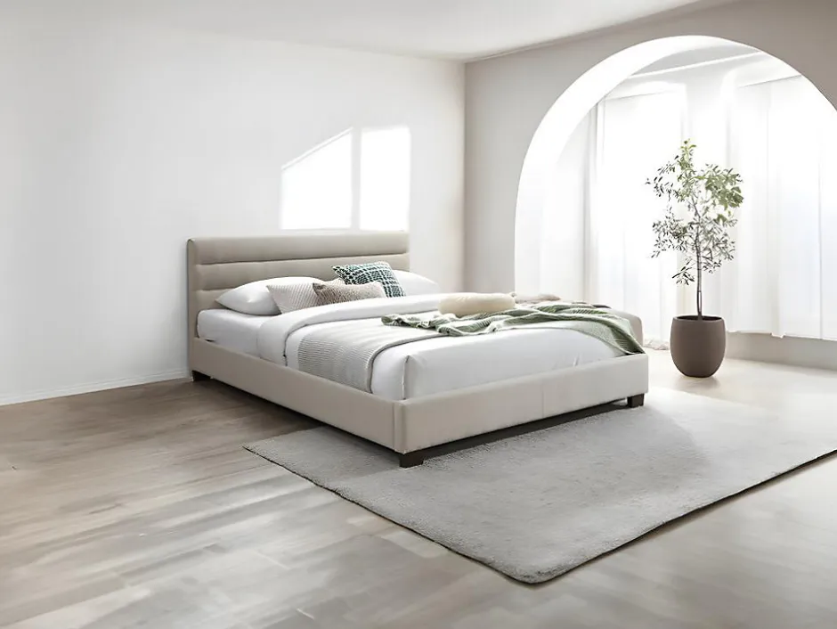 Vente-unique Lit 140 x 190 cm - Tissu - Beige + Matelas - FAUSTIN
