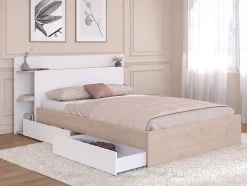 Vente-unique Lit 140 x 190/200 cm avec 4 tiroirs - Coloris : Naturel et blanc + Sommier - TILONIDE Clearance