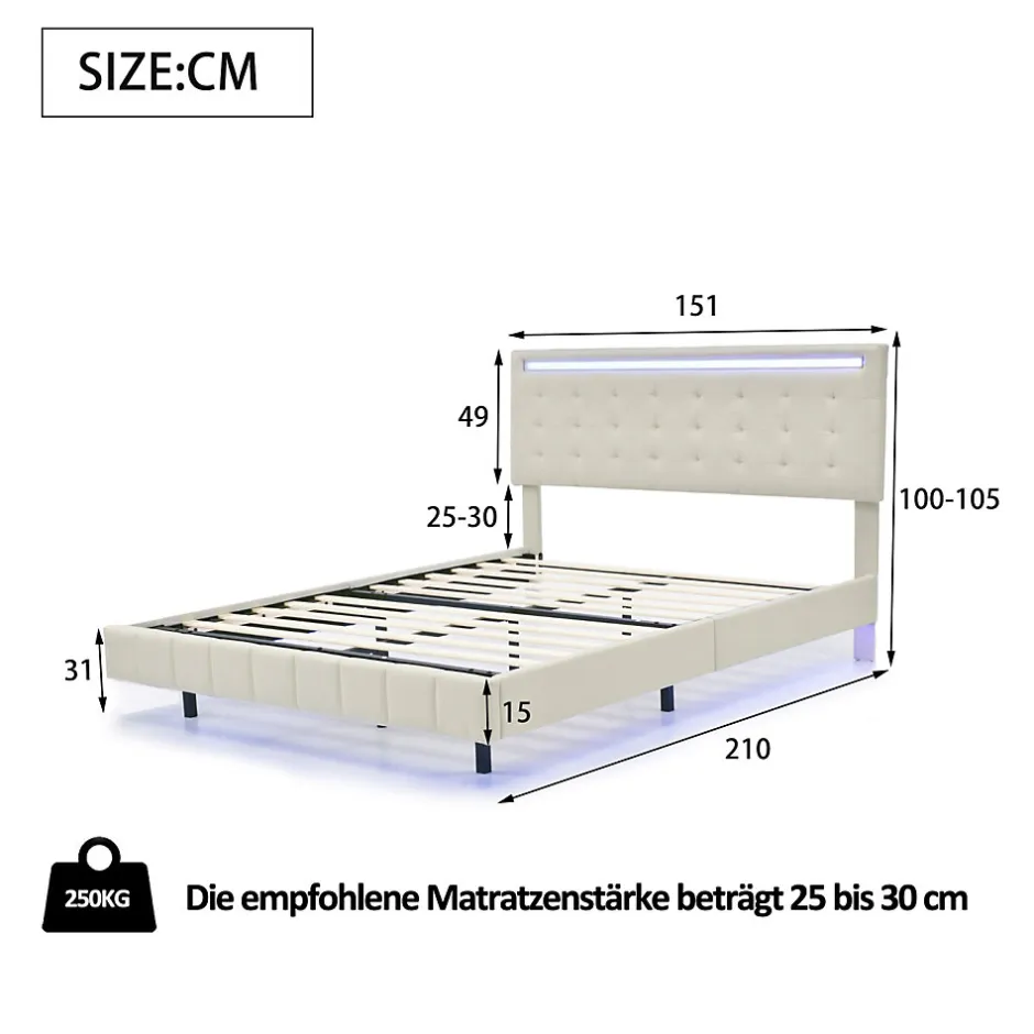Simple Life Lit 140 X 200 Cm Avec Éclairage LED Et Tête De Lit Réglable, Sommier à Lattes, Tissu En Lin, Beige