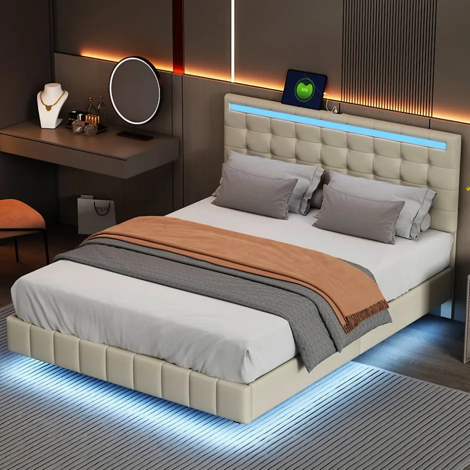 Simple Life Lit 140 X 200 Cm Avec Éclairage LED Et Tête De Lit Réglable, Sommier à Lattes, Tissu En Lin, Beige
