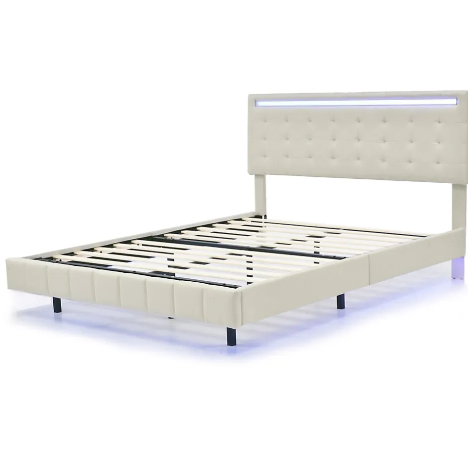 Simple Life Lit 140 X 200 Cm Avec Éclairage LED Et Tête De Lit Réglable, Sommier à Lattes, Tissu En Lin, Beige