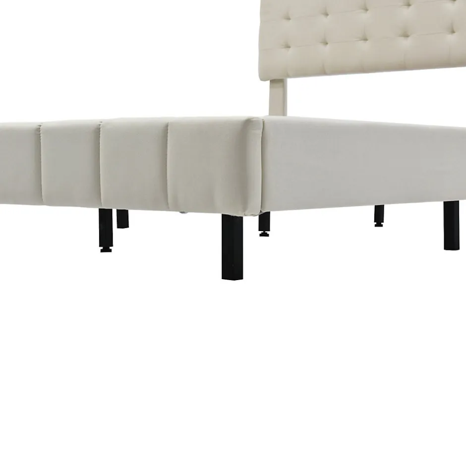 Simple Life Lit 140 X 200 Cm Avec Éclairage LED Et Tête De Lit Réglable, Sommier à Lattes, Tissu En Lin, Beige