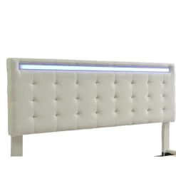 Simple Life Lit 140 X 200 Cm Avec Éclairage LED Et Tête De Lit Réglable, Sommier à Lattes, Tissu En Lin, Beige
