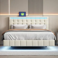 Fortuna lai Lit 160 X 200 Cm Avec Éclairage LED Et Tête De Lit Réglable, Sommier à Lattes, Tissu En Lin, Beige