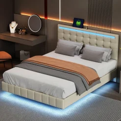Fortuna lai Lit 140 X 200 Cm Avec Éclairage LED Et Tête De Lit Réglable, Sommier à Lattes, Tissu En Lin, Beige
