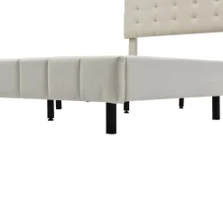 Fortuna lai Lit 140 X 200 Cm Avec Éclairage LED Et Tête De Lit Réglable, Sommier à Lattes, Tissu En Lin, Beige
