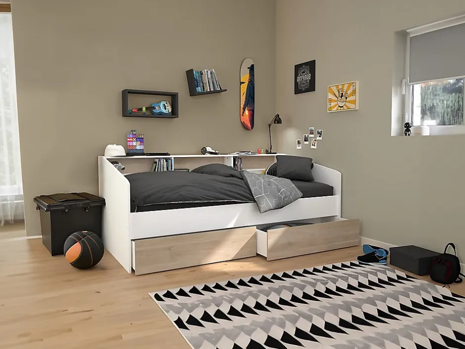 Vente-unique Lit 90 x 190/200 cm avec rangements - Blanc et naturel - PAULETTE