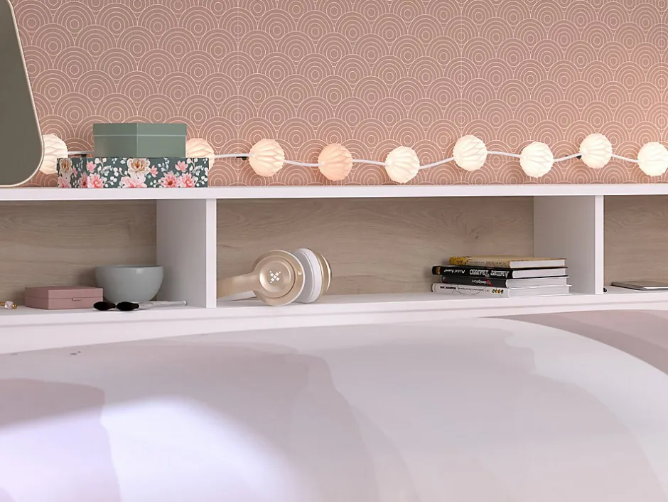 Vente-unique Lit 90 x 190/200 cm avec rangements - Blanc et naturel - PAULETTE