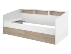 Vente-unique Lit 90 x 190/200 cm avec rangements - Blanc et naturel - PAULETTE