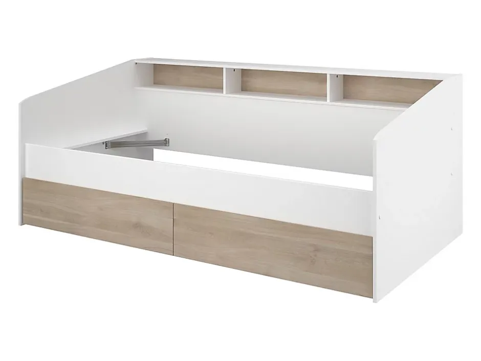 Vente-unique Lit 90 x 190/200 cm avec rangements - Blanc et naturel - PAULETTE