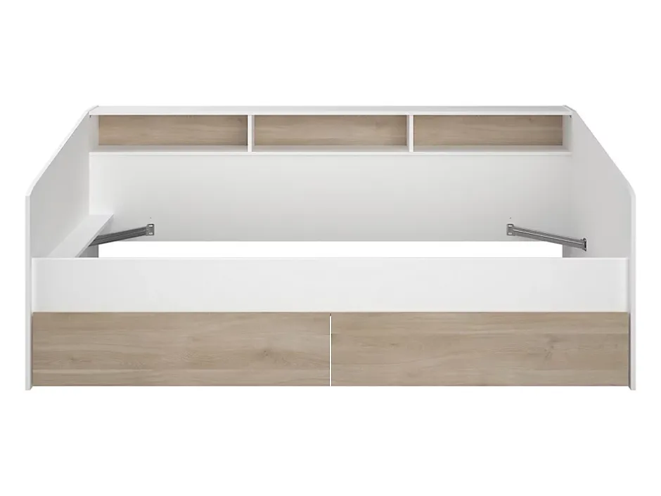 Vente-unique Lit 90 x 190/200 cm avec rangements - Blanc et naturel - PAULETTE