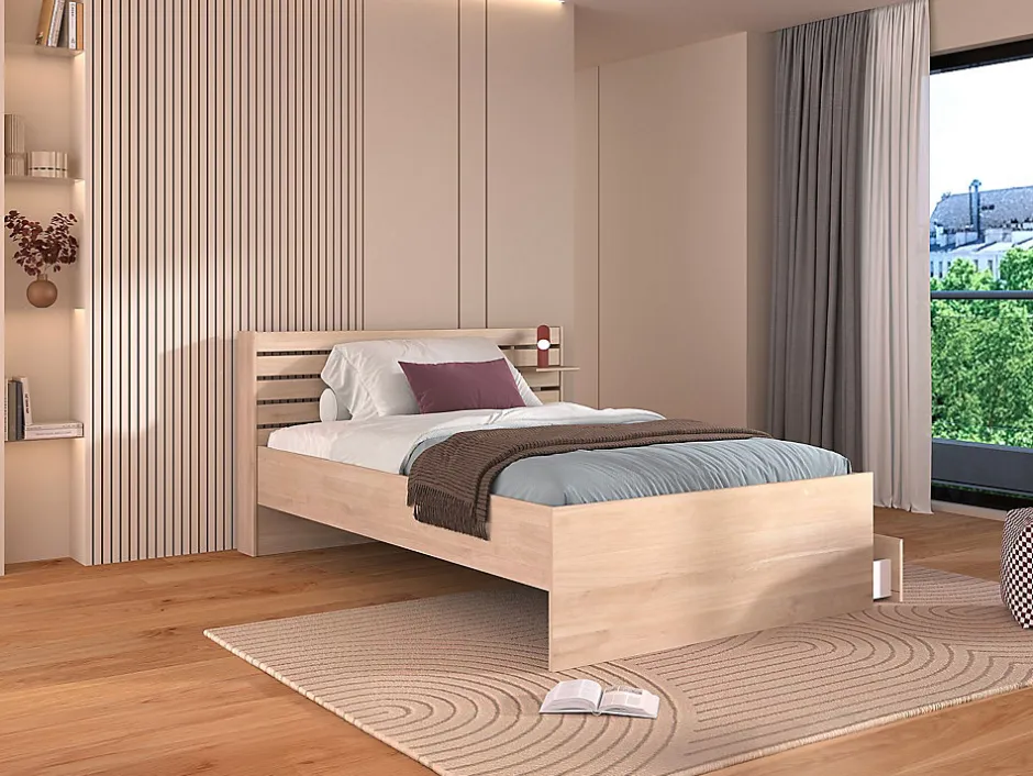 Vente-unique Lit 120 x 190 cm avec rangements - Coloris : Naturel + Sommier - TENALIA