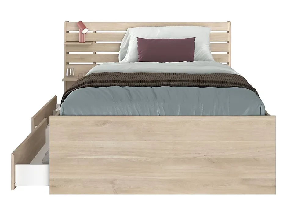Vente-unique Lit 120 x 190 cm avec rangements - Coloris : Naturel + Sommier - TENALIA