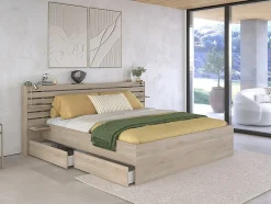 Vente-unique Lit 180 x 200 cm avec rangements - Coloris : Naturel + Sommier + Matelas - TENALIA