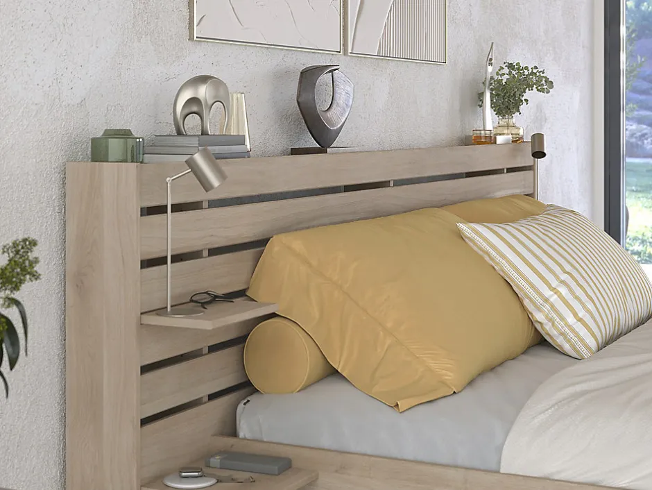 Vente-unique Lit 180 x 200 cm avec rangements - Coloris : Naturel + Sommier + Matelas - TENALIA