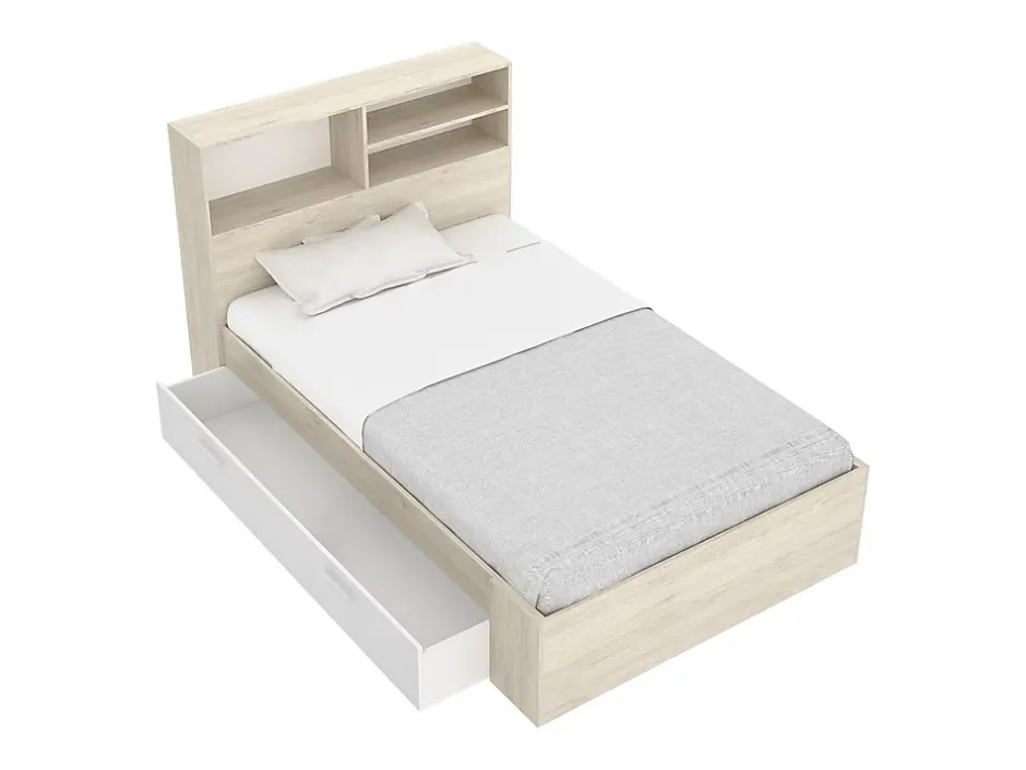 Vente-unique Lit 120 x 190 cm avec rangements - Coloris : Naturel et blanc + Sommier - VARDIEL Outlet