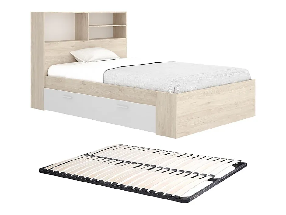 Vente-unique Lit 120 x 190 cm avec rangements - Coloris : Naturel et blanc + Sommier - VARDIEL Outlet