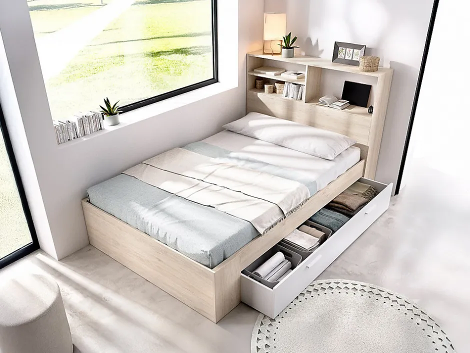 Vente-unique Lit 120 x 190 cm avec rangements - Coloris : Naturel et blanc + Sommier - VARDIEL Outlet