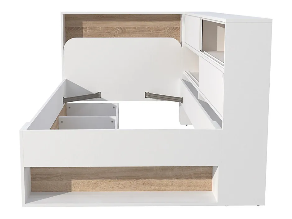 Vente-unique Lit 90 x 190 cm avec rangements - Coloris : Blanc et naturel + Sommier + Matelas - TAMADU