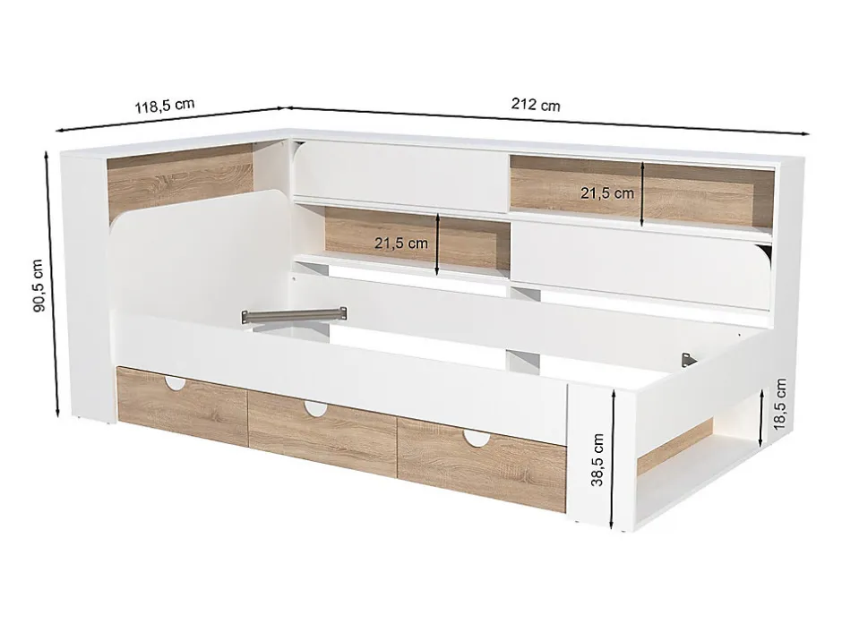 Vente-unique Lit 90 x 190 cm avec rangements - Coloris : Blanc et naturel + Sommier + Matelas - TAMADU