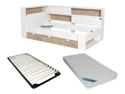 Vente-unique Lit 90 x 190 cm avec rangements - Coloris : Blanc et naturel + Sommier + Matelas - TAMADU