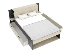 Vente-unique Lit 140 x 190 cm avec rangements - Coloris : Naturel et noir + Sommier - KEROSIA New