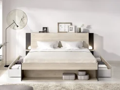 Vente-unique Lit 140 x 190 cm avec rangements - Coloris : Naturel et noir - KEROSIA Outlet