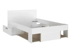 Vente-unique Lit 120 x 190/200 cm avec rangements - Blanc et naturel - KINSELIA