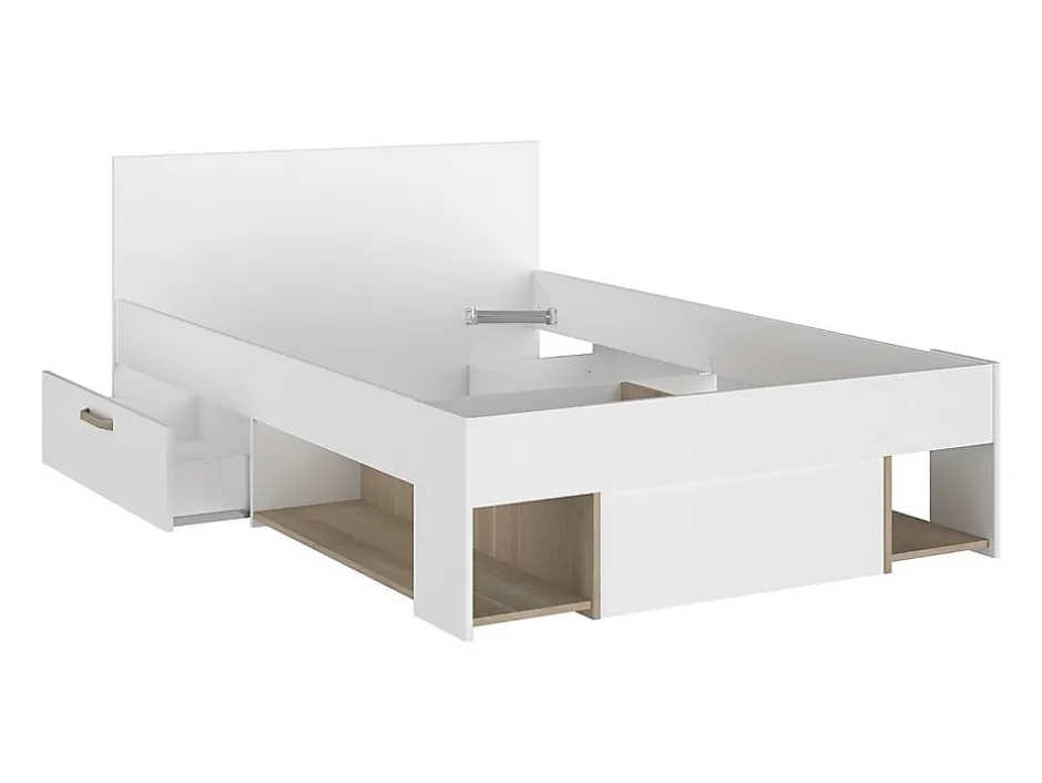Vente-unique Lit 120 x 190/200 cm avec rangements - Blanc et naturel - KINSELIA
