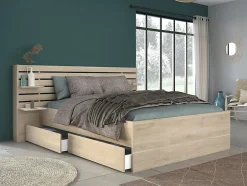 Vente-unique Lit 160 x 200 cm avec rangements - Coloris : Naturel + Sommier + Matelas - TENALIA II