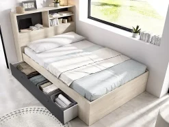 Vente-unique Lit 120 x 190 cm avec rangements - Coloris : Naturel et anthracite - VARDIEL