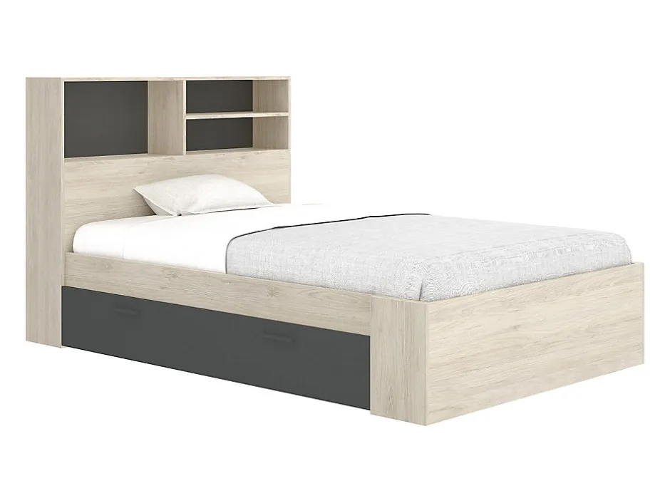 Vente-unique Lit 120 x 190 cm avec rangements - Coloris : Naturel et anthracite - VARDIEL