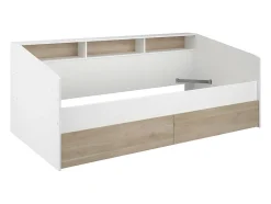 Vente-unique Lit 90 x 190/200 cm avec rangements - Blanc et naturel + Sommier - PAULETTE