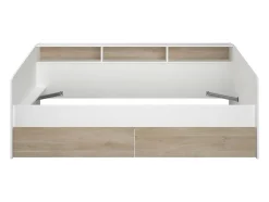 Vente-unique Lit 90 x 190/200 cm avec rangements - Blanc et naturel + Sommier - PAULETTE