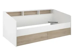 Vente-unique Lit 90 x 190/200 cm avec rangements - Blanc et naturel + Sommier + Matelas - PAULETTE