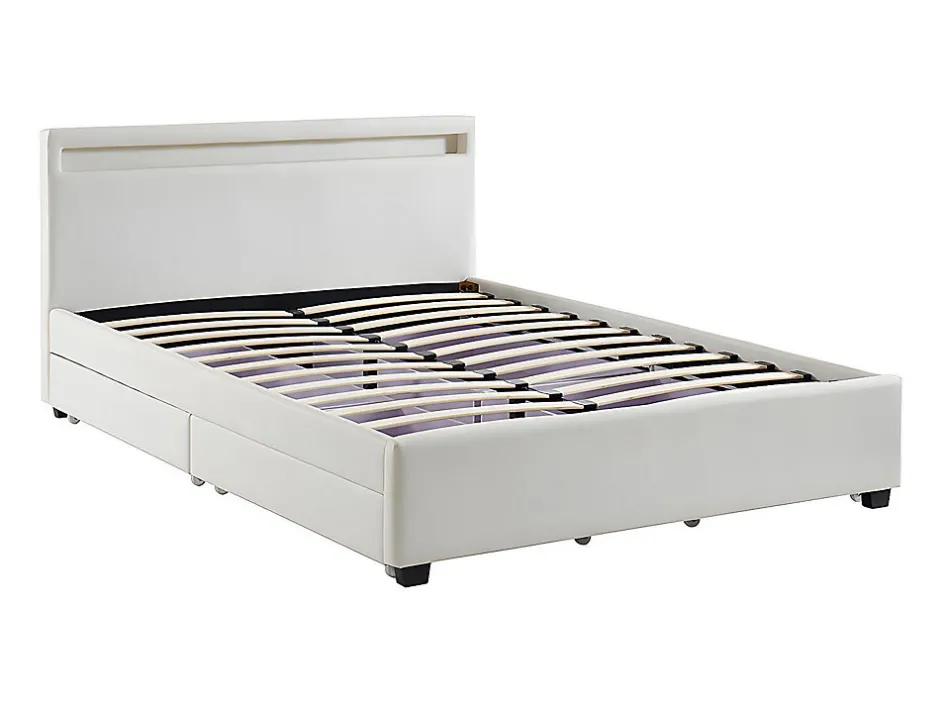 Vente-unique Lit 140 x 190 cm avec rangements - Simili blanc avec LEDs - ALOIS II