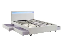 Vente-unique Lit 140 x 190 cm avec rangements - Simili blanc avec LEDs - ALOIS II