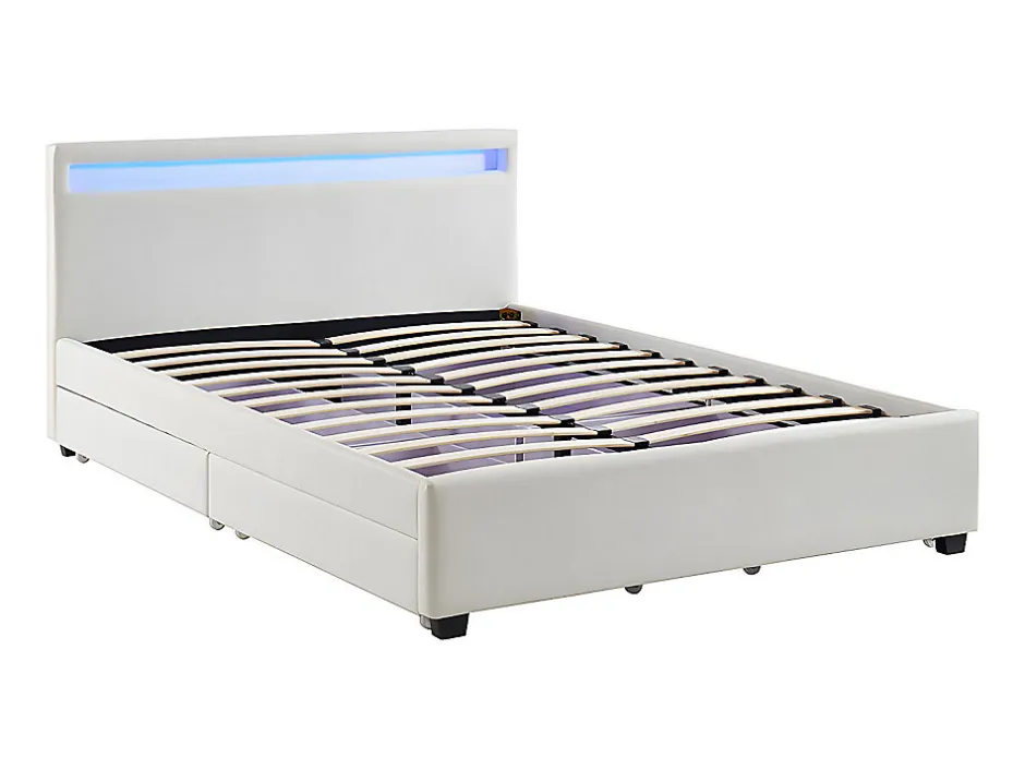 Vente-unique Lit 140 x 190 cm avec rangements - Simili blanc avec LEDs - ALOIS II