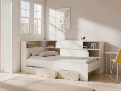 Vente-unique Lit 90 x 190 cm avec rangements - Coloris : Blanc et naturel + Sommier - TAMADU