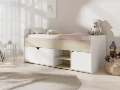Vente-unique Lit 90 x 190 cm avec rangements - Coloris : Naturel et blanc - LOSTYA Hot