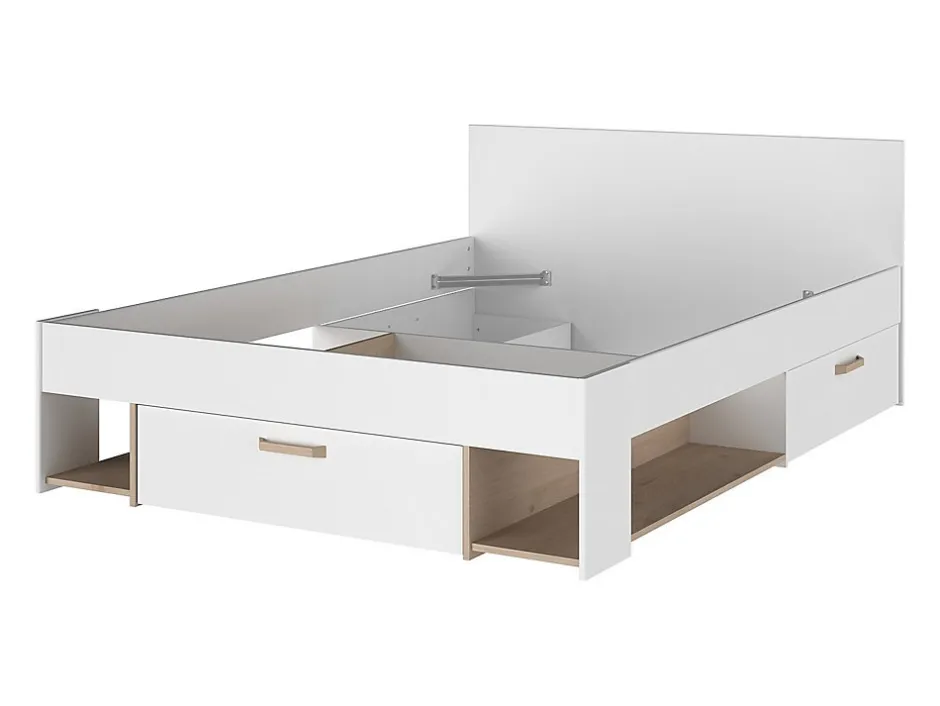 Vente-unique Lit 140 x 190/200 cm avec rangements - Blanc et naturel - KINSELIA
