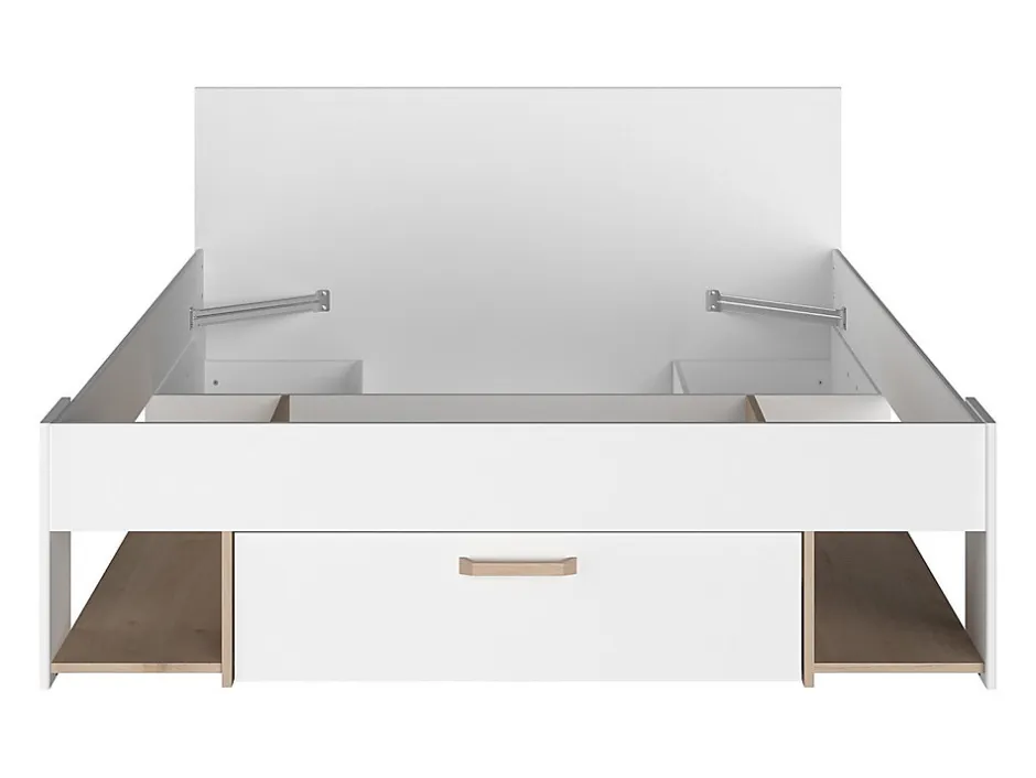 Vente-unique Lit 140 x 190/200 cm avec rangements - Blanc et naturel - KINSELIA