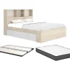 Vente-unique Lit 140 x 190 cm avec rangements - Coloris : Naturel et blanc + Sommier + Matelas - VARDIEL