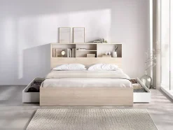 Vente-unique Lit 140 x 190 cm avec rangements - Coloris : Naturel et blanc + Sommier + Matelas - VARDIEL
