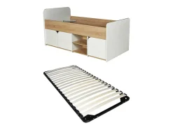 Vente-unique Lit 90 x 190 cm avec rangements - Coloris : Naturel et blanc + Sommier - LOSTYA