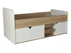Vente-unique Lit 90 x 190 cm avec rangements - Coloris : Naturel et blanc + Sommier - LOSTYA