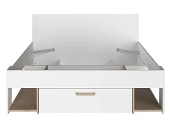 Vente-unique Lit 140 x 190/200 cm avec rangements - Blanc et naturel + Sommier - KINSELIA