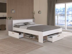 Vente-unique Lit 140 x 190/200 cm avec rangements - Blanc et naturel + Sommier - KINSELIA