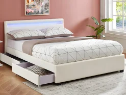 Vente-unique Lit 140 x 190 cm avec rangements - Simili blanc avec LEDs + Matelas - ALOIS II
